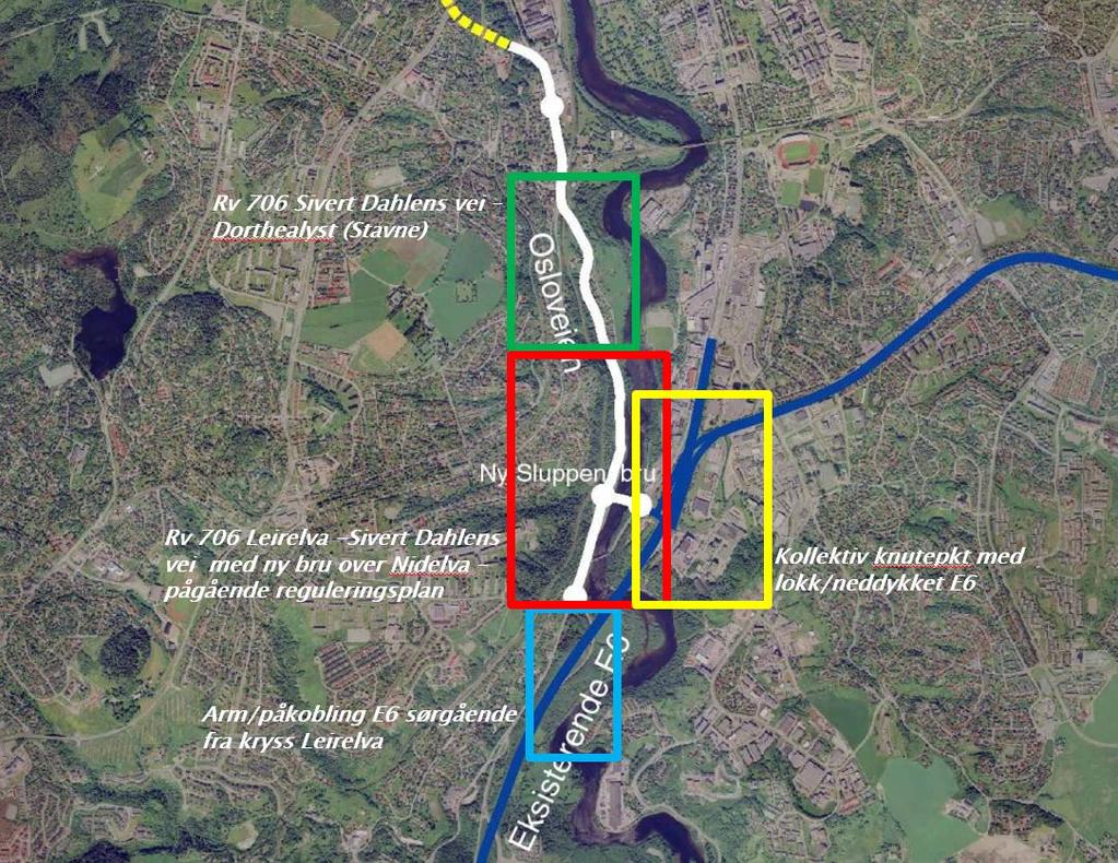 Rv 706 Sluppen Stavne inkluder Rv 706 Nydalsbrua (Ny Sluppen bru) Tiltaksbeskrivelse Etablering av nytt kryss på Sluppen, med forbindelse over Nidelva (Rv 706 Nydalsbrua) og kobling til Oslovegen