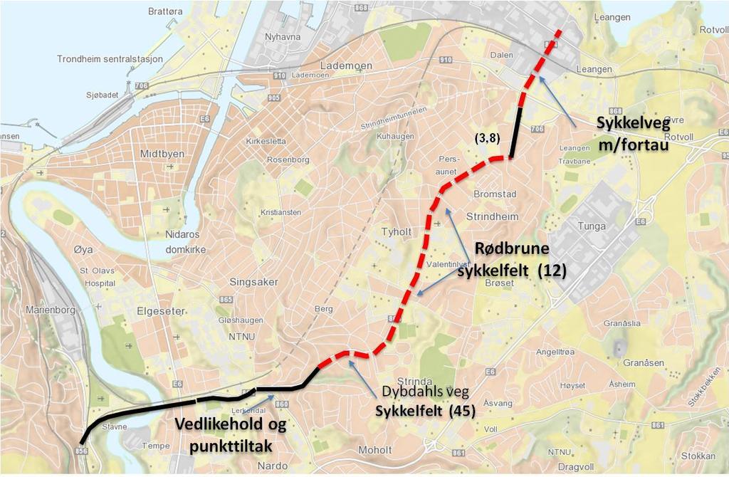 Tyholtruta (Stavne, Lerkendal, Dybdahls veg, Kong Øysteins veg, Bromstadvegen) Tiltaksbeskrivelse km sammenhengende rute fra Stavne fram til Lade via Kong Øysteins veg.