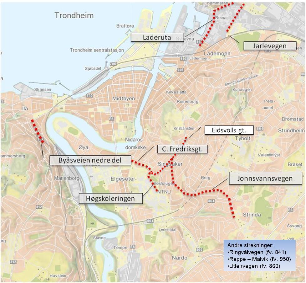 Enkeltstrekninger Tiltak Kollektivtiltak i Jonsvannsveien og Høgskoleringen inkluderer sykkelveg med fortau (dekkes av kollektivbudsjettet).