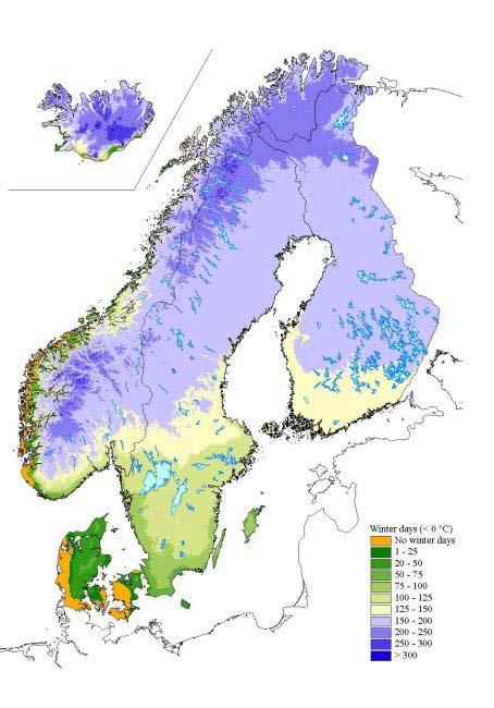 Gjennomsnittlig lengde av vintersesognen 1961-90 (Døgnmiddeltemperatur