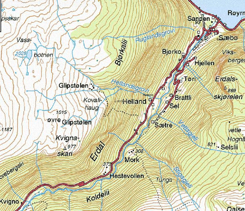 Planlagt utbygging i Erdalselvi Inntak og dam nedenfor Kvigno på kote 410 Kraftstasjon Overføring av Kolda i nedgravd grøft Anleggsveg til inntak og dam Fire km lang