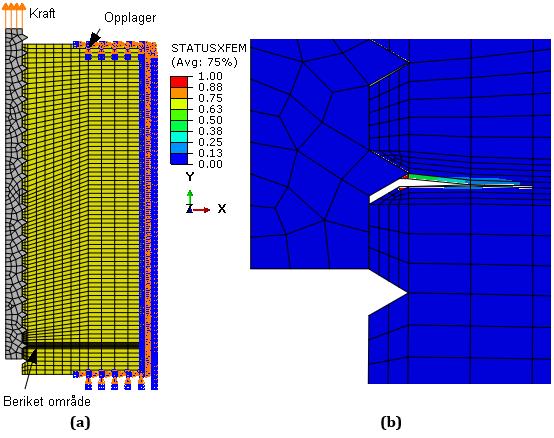 6 Numerisk simulering av sprekker i treverk 6.6.1 Aksesymmetrisk: skrue 90 på fiberretning Det ble først kjørt analyser med 2D- og 3D-modeller, der det ble oppnådd sprekkevekst i alle disse, men i varierende grad.