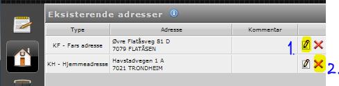 Hvis du ønsker å fjerne adressen så kan du trykke på X-knappen i enden av adresseraden (2): Gårds og bruksnummer Dette må brukes i de tilfeller hvor elevens adresse ikke inneholder gateadresse og