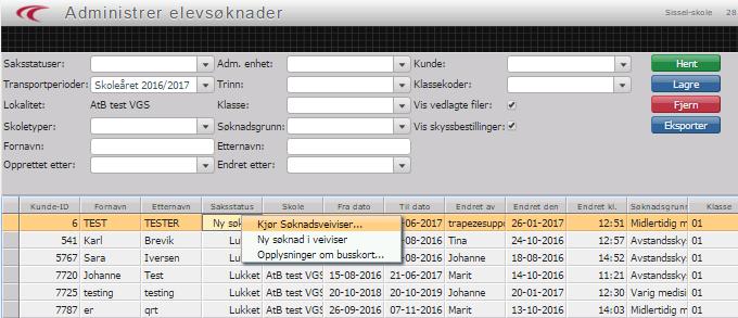 Deretter høyreklikker du på søknaden med saksstatus «Ny søknad» og velg «Kjør søknadsveiviser»: Da vil man få opp søknadsveiviseren igjen, hvor man gjennomgår søknaden og retter opp de feil den måtte