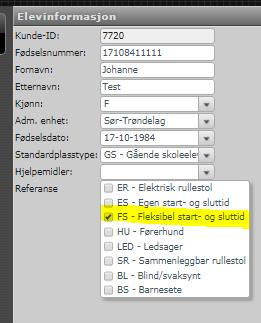 I tilfeller der kjøringen ikke kan legges inn i et fast mønster, overhodet, må skolen påse at søknaden er registrert med «FS - Fleksibel start- og sluttid» under «Elevinformasjon»: Som beskrevet over