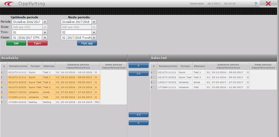 1. Sjekk at gjeldende periode er riktig, trinn og klasse. 2. Neste periode = neste skoleår, trinn og klasse 3. SØK 4. Merk elevene i listen og FLYTT over i neste kolonne 5. «FLYTT OPP» 3.