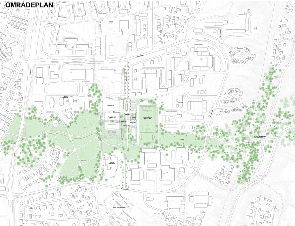 Illustrasjonen viser planlagt skolebegyggelse sammenstilt med plan for grønnstruktur, laget i