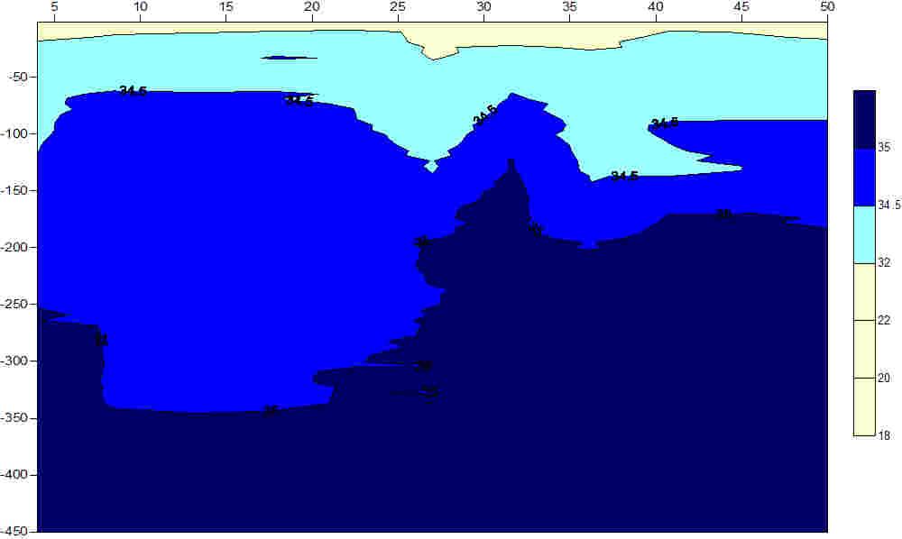 Figur 4-1 Utviklingen av saltholdighet på stasjon OF-1 Torbjørnskjær gjennom 2004. Horisontal akse angir ukenummer. Fargekode tilsvarer inndelingen i vannmassser beskrevet over.