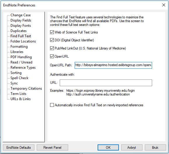 FINNE FULLTEKST Aktivere Open Url for at EndNote skal kunne finne fulltekst Dette er en standard innstilling som gjøres én gang.
