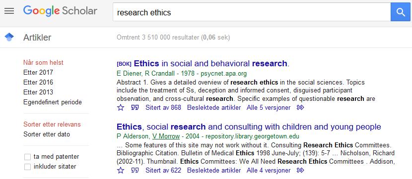 Fra Google Scholar til EndNote Utfør et søk, og klikk på (anførselstegnet).