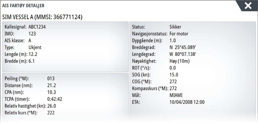 Vise informasjon om enkeltstående AIS-mål Når du velger et AIS-ikon på kart- eller radarvinduet, endres symbolet til symbolet for valgt mål, og fartøyets