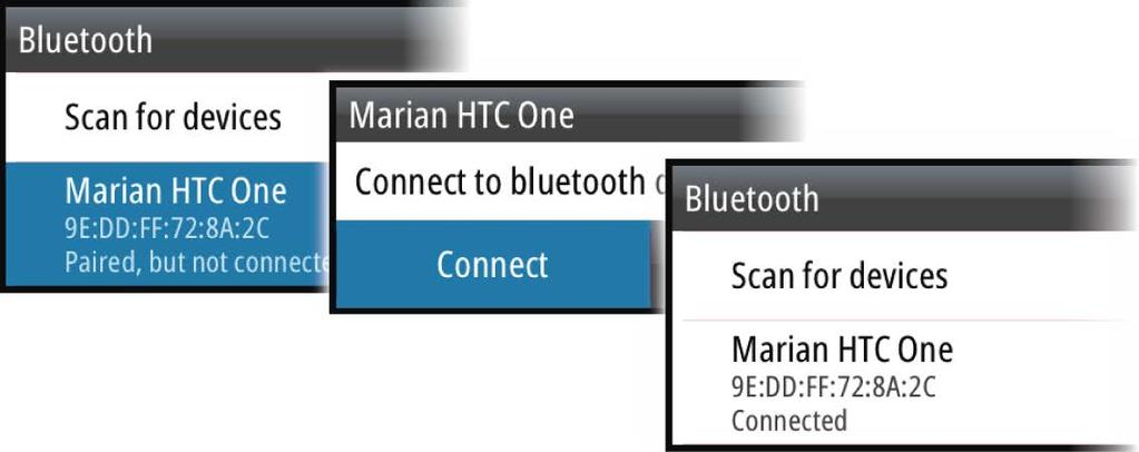 Velg Bluetooth-enheten du vil sammenkoble, fra listen over tilgjengelige enheter, og velg deretter Koble sammen (Pair). SonicHub 2-enheten kobles til den sammenkoblede enheten.