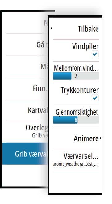 Fra denne menyen kan du velge hvilke værsymboler du ønsker å vise, angi avstanden mellom pilene og justere gjennomsiktigheten til værsymbolene.