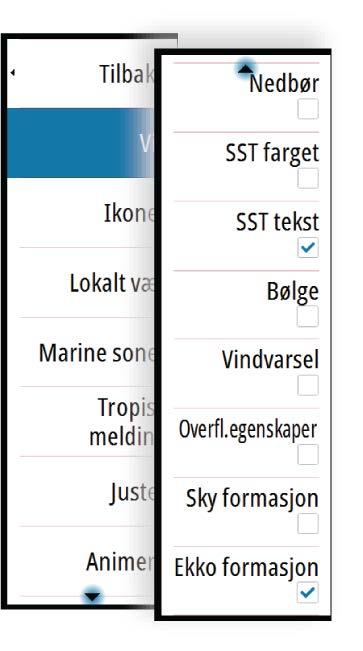 Regn Snø Blandet Fra lysegrønn (lett regn) gul oransje til mørkerød (kraftig regn) Blå Rosa Temperatur i havoverflaten (SST) Du kan vise temperaturen i havoverflaten som farget skyggelegging eller