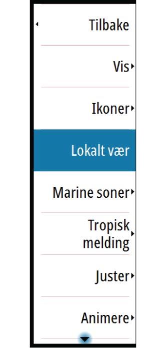 Ekkotopper Aktiverer/deaktiverer ekkotopper. Ekkotopper viser toppen av stormer. Fargepaletten som brukes, er den samme som for nedbør.