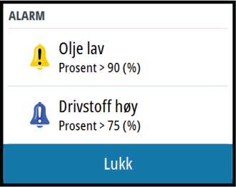 Følgende fargekoder brukes: Farge Rød Oransje Gul Blå Grønn Viktighet Kritisk Viktig Standard Advarsel Lett advarsel Enkeltstående alarmer En enkeltstående alarm vises med navnet på alarmen som