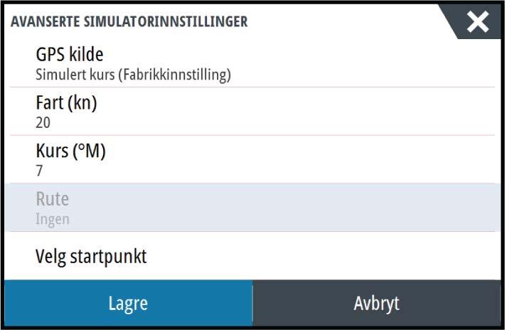 GPS-kilde Velger hvor GPS-data genereres fra. Hastighet, Kurs og Rute Brukes til å angi verdier manuelt når GPS-kilde er satt til Simulert kurs eller Simulert rute.