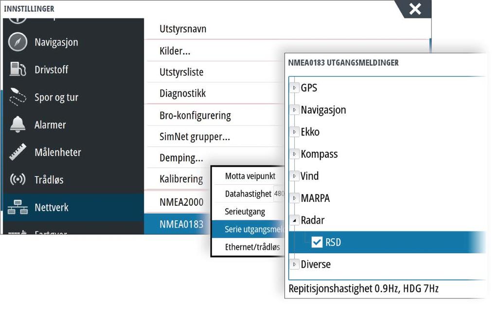 RSD-utgangsmeldinger Utgangsmeldinger for RSD NMEA 0183 er av som standard, men kan aktiveres for å gi informasjon om markørposisjon til en ekstern enhet.