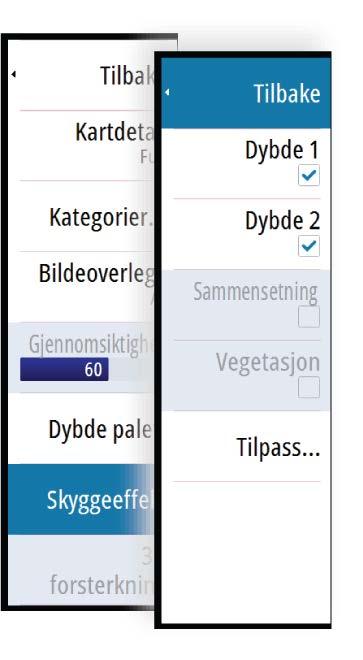 Ú Merk: Komposisjon og lagskyggelegging for vegetasjon er ikke tilgjengelig for C-MAPkart. Dybde 1 og Dybde 2 Dybdeforhåndsinnstillinger som skyggelegger forskjellige dybder i forskjellige farger.