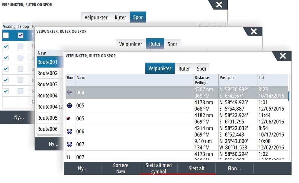Markørposisjonsvinduet uten SOG-verdi Markørposisjonsvinduet med SOG-verdi Dialogboksene Veipunkter, Ruter og Spor Dialogboksene