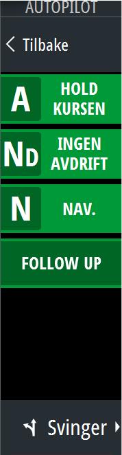 Følgende alternativer for autopilotkontrolleren er tilgjengelige: Autopilotkontroller, som viser aktiv modus, kurs, ror og diverse styringsinformasjon, avhengig av hvilken autopilotmodus som er aktiv.