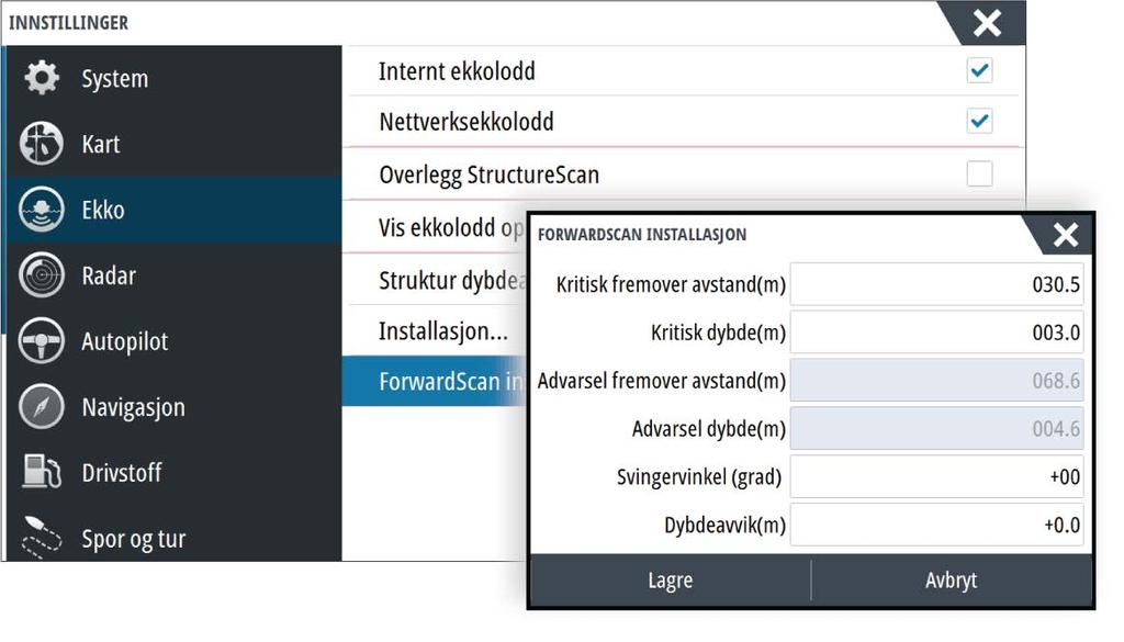 ForwardScan-forlenger 1 Rød Kritisk 2 Gul Fare 3 Grønn Trygt Velg ForwardScan i dialogboksen Kartinnstillinger for å vise den forlengede kompasskurslinjen for ForwardScan i kartvinduet.