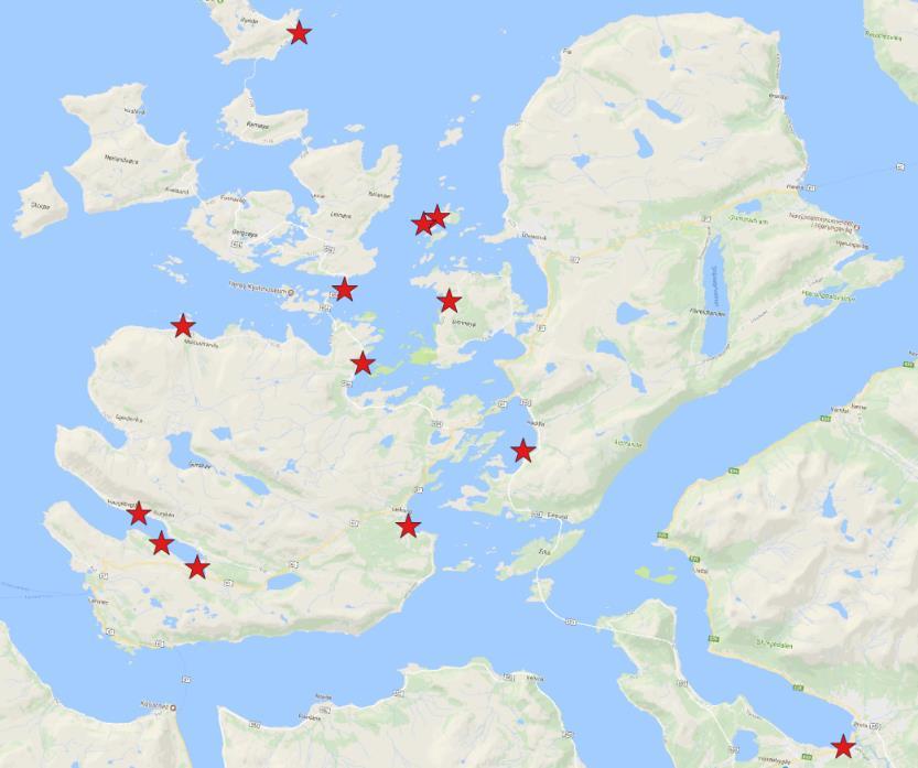 Figur 8. Oversikt over de 13 lokalitetene fra Runde til Ørsta med ålegress som ble valgt til testing av M7 Marine undervannsenger.