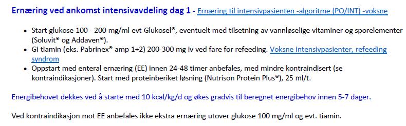 Nivå 1 prosedyre Ernæring til intensivpasienter