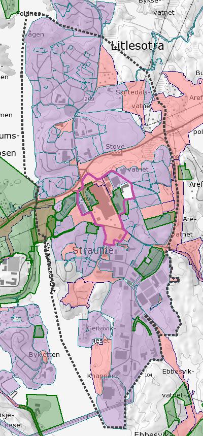 Planstatus: Figur 1: Gjeldande KDP Straume frå 2006 Figur 2:Temakrt sm viser dei delar av KDPS sm er detaljregulert. Fargekde: lilla >10 år, rsa < 10 år, grønt = RP under arbeid.