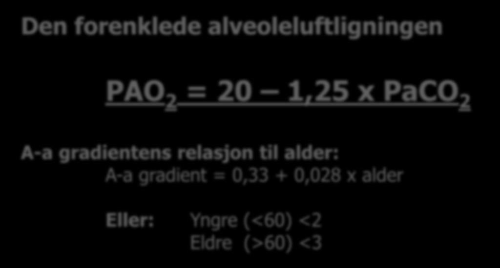 alveoleluftligningen PAO 2 = 20 1,25 x PaCO 2 A-a gradientens