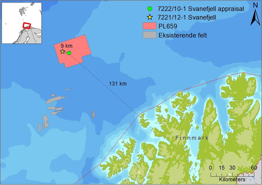 Figur 1-1 Lokasjon av avgrensningsbrønn 7222/10-1 Svanefjell appraisal og letebrønn 7221/12-1 Svanefjell i PL659 i Barentshavet. Tabell 1-1 Basisinformasjon for brønn 7222/10-1.