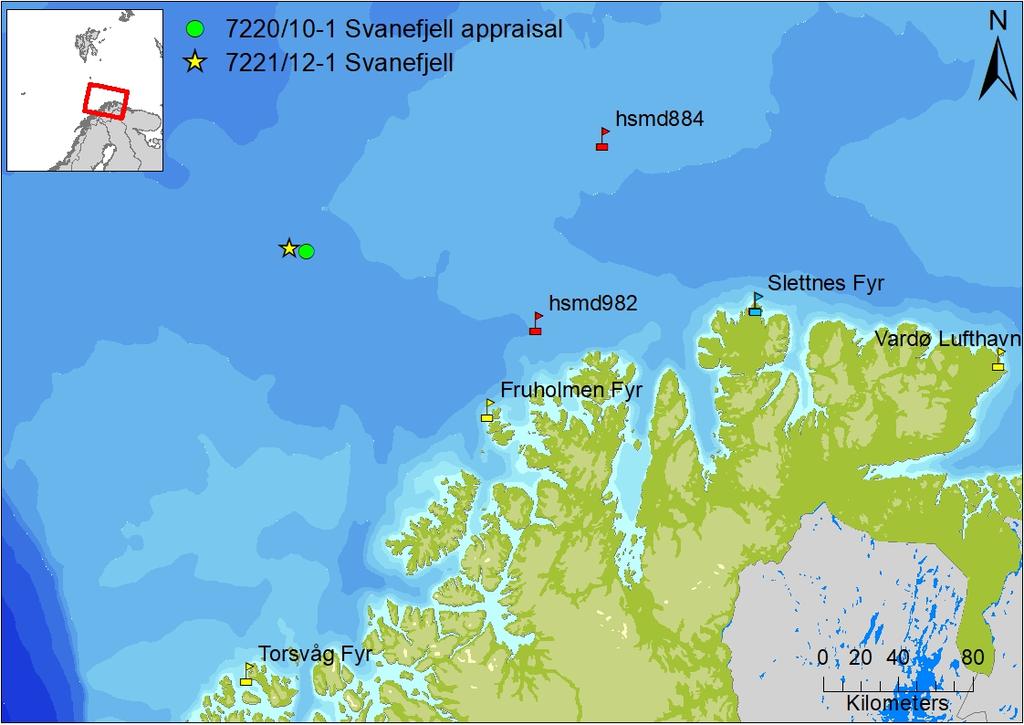 Figur 3-3 Oversikt over stasjoner for innsamling av data for vindstyrke (Fruholmen fyr) og sjøtemperatur (Slettnes fyr) og bølgehøyder (hsmd 982).