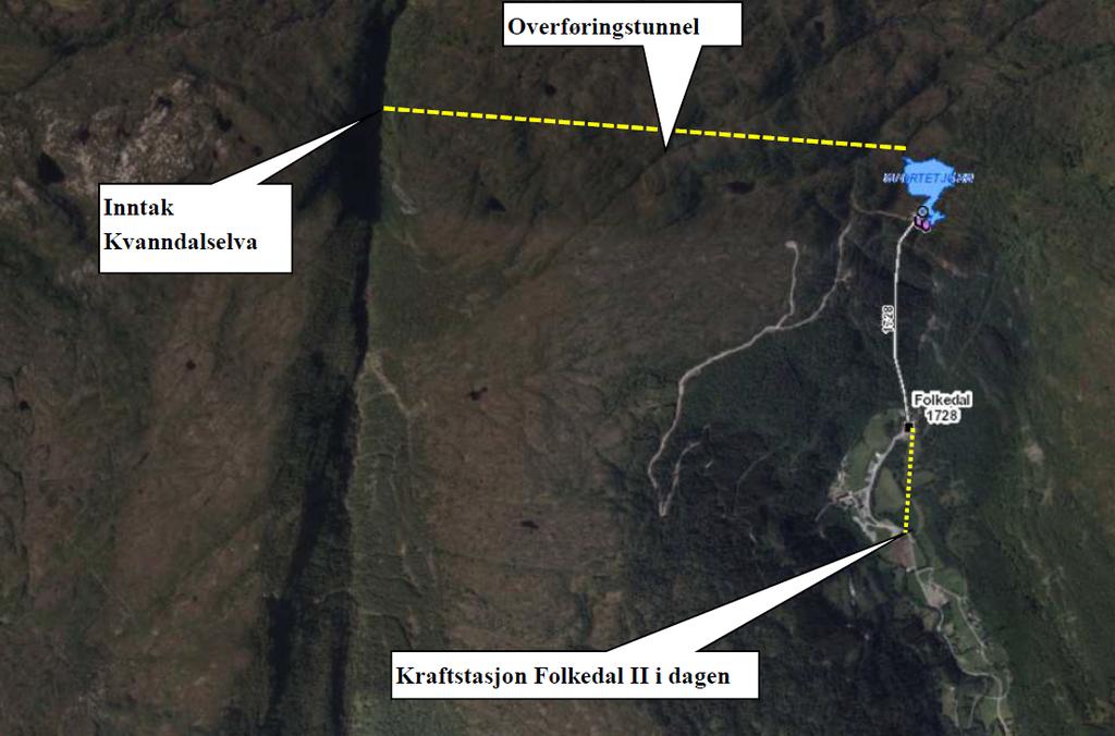 Side 6/11 Folkedal II kraftverk vil nytte eit fall på 386 m i Folkedalselva frå inntak på kote 462 til kraftstasjon på kote 76.