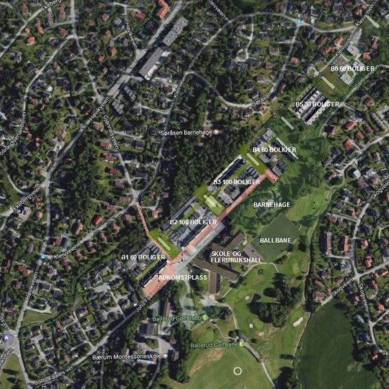 Fig: 02 Utbyggingsstruktur Illustrasjonen av forslaget anviser en etter vår mening- og erfaring både hensiktsmessig og sosialt bærekraftig hageby-struktur som legger til rette for flere gode