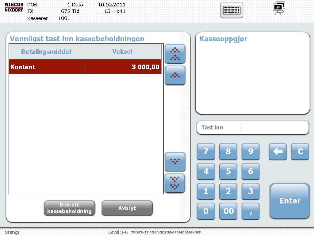 Bekreft kassebeholdningen som skal være på 3000,- trykk deretter på knappen bekreft kassebeholdningen.