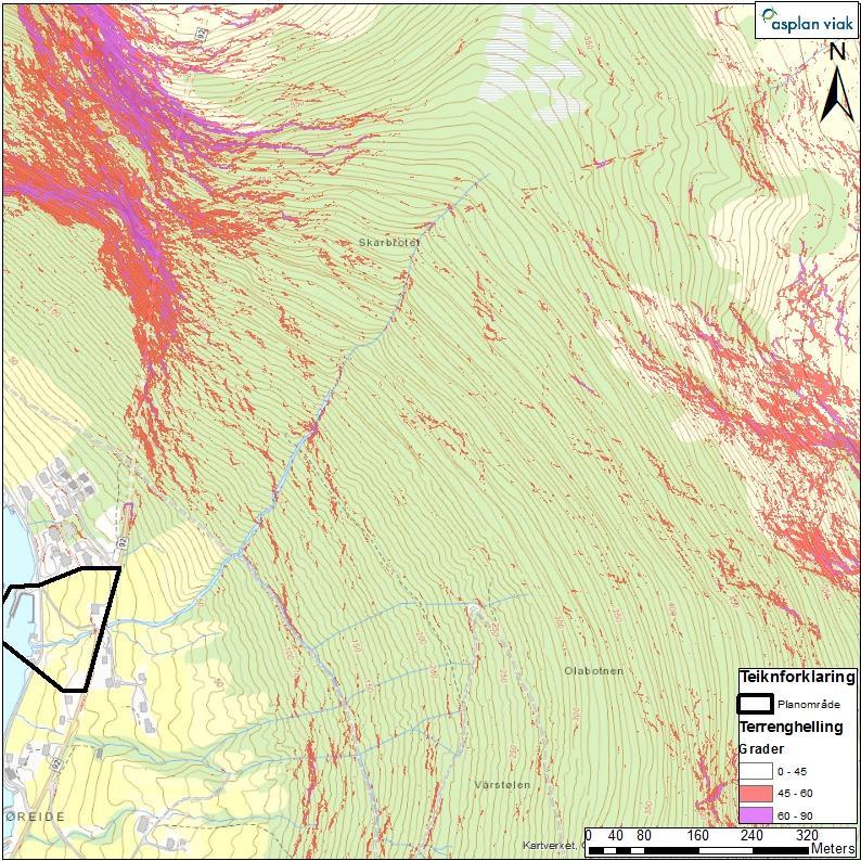 17 Dei bratte områda nord for planområdet opp mot Seglet vurderer vi ut frå topografiske kart til å ikkje kunne ha utløp mot planområdet fordi hellinga vender bort frå planområdet (Figur 13).