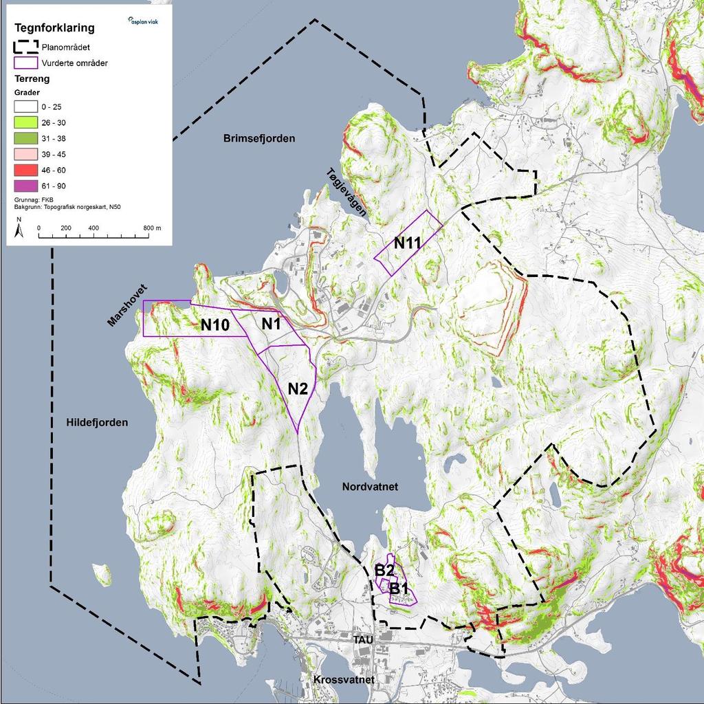 Side 9 av 22 Figur 4-1Terrenghelningskart for planområdet. Aktuelle områder er navngitt. Terrenghelningskart viser at mesteparten av planområdet har terrenghelning under 20.