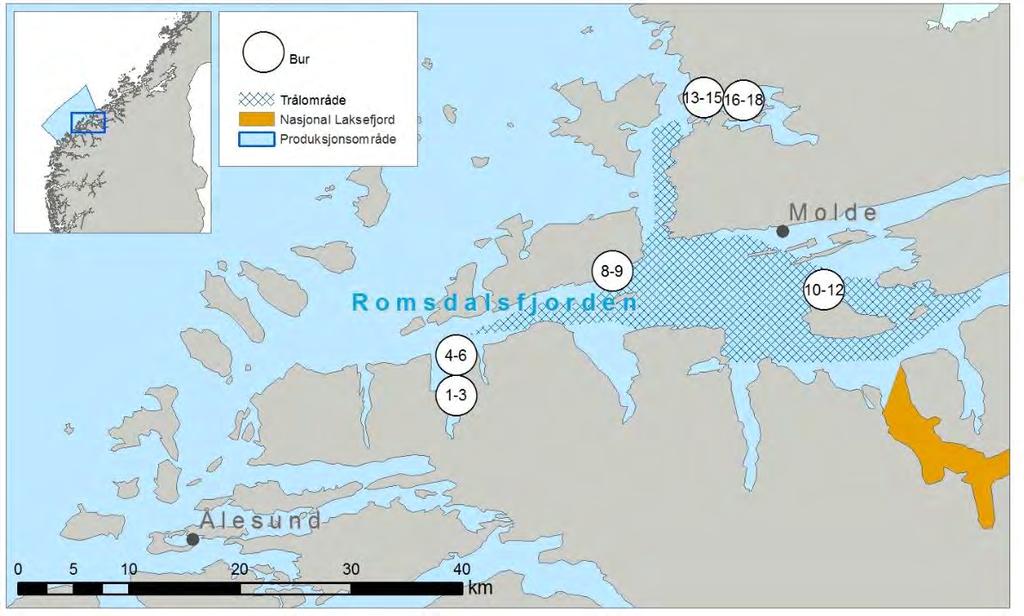 Figur 24. Område for tråling av postsmolt laks og plassering av vaktbur i Romsdalsfjordsystemet Figur 25.