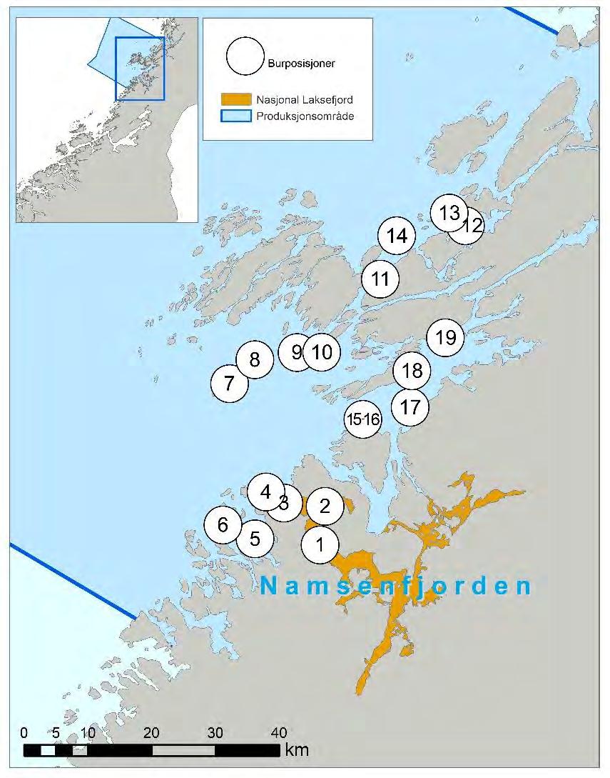 Figur 36. Plassering av vaktbur i Namsen/Vikna systemet i Nord Trøndelag.