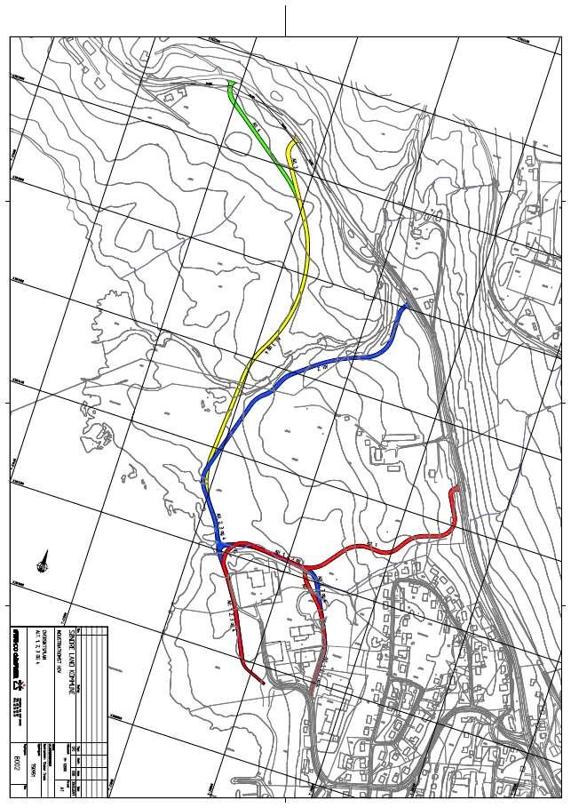 Sak 124/15 Alternativ 1= rød veg Alternativ 2= blå veg Alternativ 3= gul veg Alternativ 4= grønn veg Her er