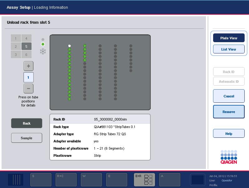 Grunnleggende funksjoner for QIAsymphony AS Den detaljerte skjermen for åpningen vises. 3. Trykk på Remove (Fjern) og last ut stativet.