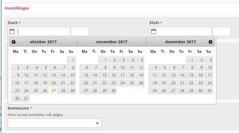 Velg start og sluttdato for kurset slutt dato blir kalkulert på basis av malens timeantall, men må som regel
