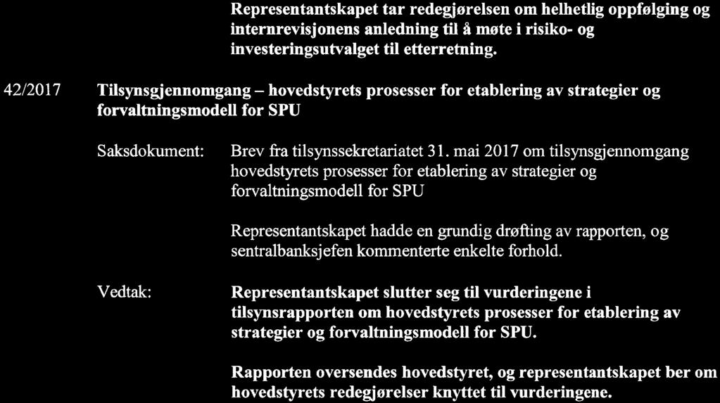 42/2017 TUsynsgjennomgang - hovedstyrets prosesser for etablering av strategier og forvaltningsmodell for SPU Brev fi-a tilsynssekretariatet 3 l.