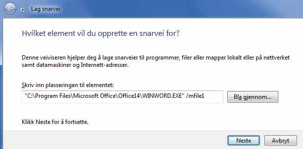 I stedet får du en snarvei som åpner Word sammen med det siste dokumentet. Snarveien plasserer vi på Skrivebordet. Høyreklikk på Skrivebordet, velg Ny og Snarvei.