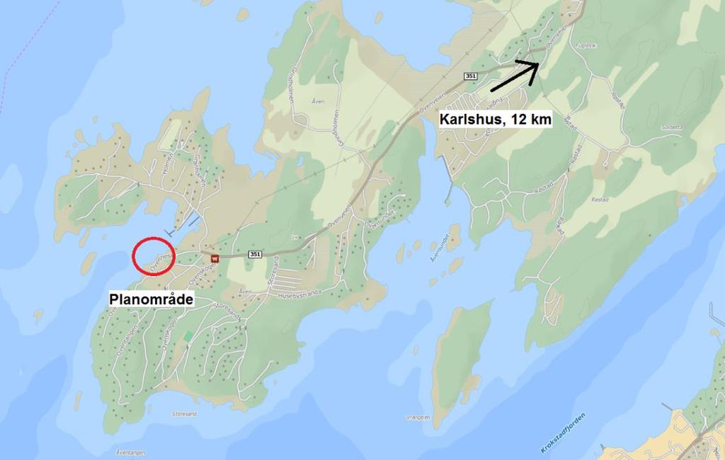 7 (15) 2. PLANOMRÅDETS BELIGGENHET OG AVGRENSNING Planområdet ligger øst i Kokholmsund på Ovenhalvøya, cirka 12 kilometer fra Karlshus, kommunesenteret i Råde kommune.