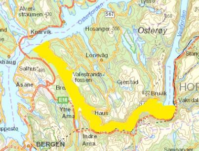 Figur 17 syner terskel og djupner rundt Osterøy. Vassførekomsten Sørfjorden er markert med gult. Terskel ved Garnes- Votlo er synt med raudt og djupaste parti er vist med svart (kjelde: vann-nett.no).
