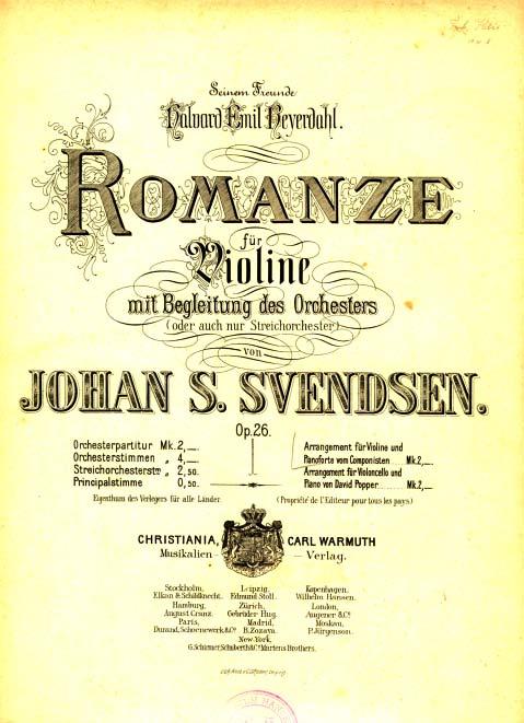 Kapittel 5: Carl Warmuth junior Romansen for fiolin og orkester op. 26, førsteutgave fra oktober 1881. Nummer to på popularitetslisten, med et førsteopplag på 5000 eksemplarer, til sammen 7.