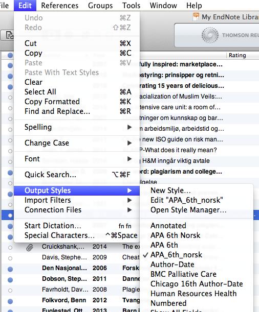 Du kan også velge stil via EndNote: Klikk på denne knappen, som tar deg direkte inn i EndNote: