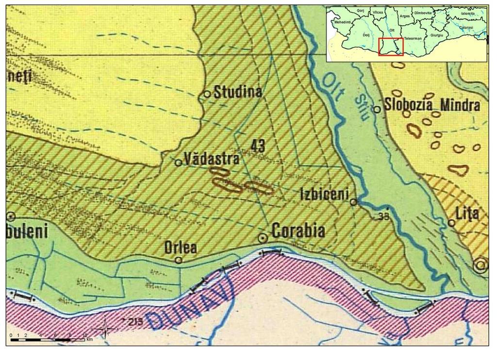 1 Campie fluvio-lacustra acoperita cu depozite loessoide, tabulara, nefragmentata 2 Campie de terase slab fragmentata 3 Campie aluviala holocena de divagare (de subsidenta), cu aspect de albie majora