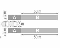 for filskiftvarsling (B) i parallelle kjørefelt. Sonene starter ved hvert av sidespeilene. Høyden på sonen er ca. 0,5 meter til 2 meter fra bakken.